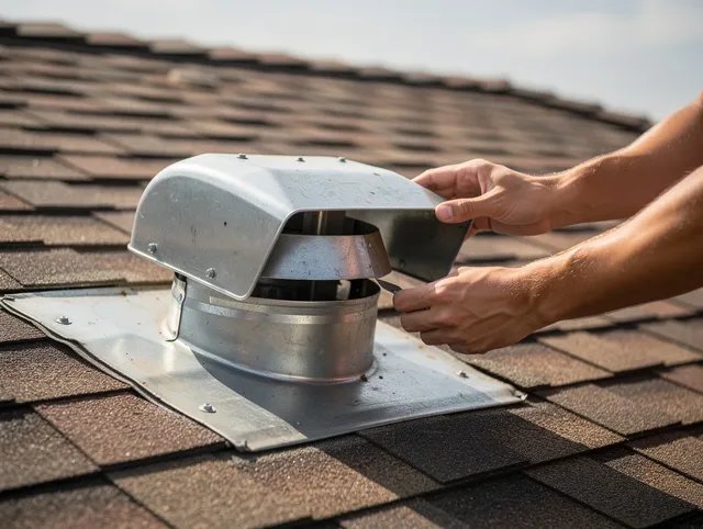 North Branford Dryer Vent Cleaning certified technician safely cleaning a roof-mounted dryer vent in North Branford