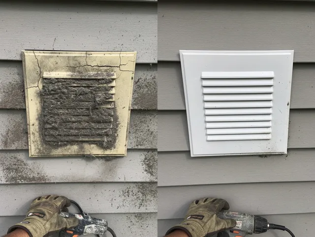 North Branford Dryer Vent Cleaning technician installing high-quality dryer vent cover at a residential property in North Branford