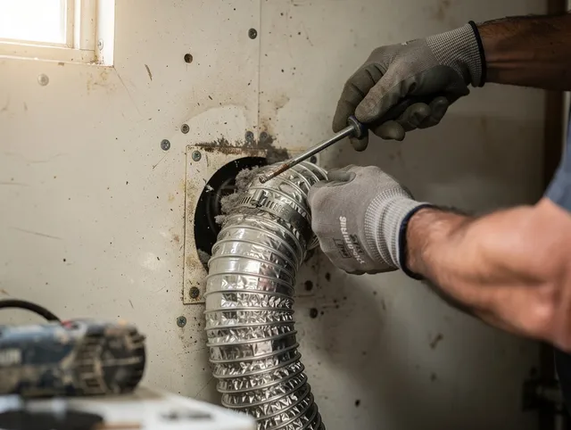 North Branford Dryer Vent Cleaning technician performing precise dryer vent hose installation in North Branford